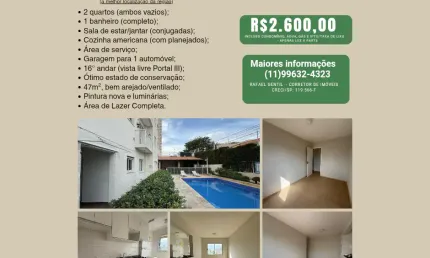 Apto para locação,  Portais II, Av das Palmeiras,  2 dorm, cajamar, 16 andar, 1 vaga, planejados ma cozinha, 47m²