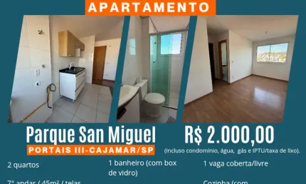 Apto para alugar, 2 dorms, 2 mil, 7° andar, 47m², 1 vaga coberta, res. parque san miguel, portais iii, cajamar/sp