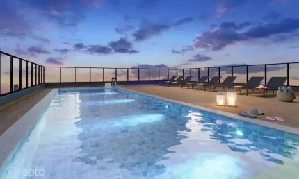 Apartamento  42,71m², 02 dormitórios e 01 banheiro.  Condomínio com portaria, segurança, piscina, academia, salão de festas, salão de jogos, sauna.