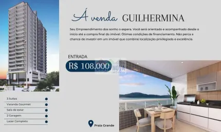 Apartamento com 3 quartos sendo 1 suíte, 2 banheiros, 2 vagas, bairro Guilhermina - Praia Grande