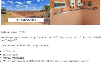 Vende-se excelente propriedade com 275 hectares a 15 km de Inajá-PE.