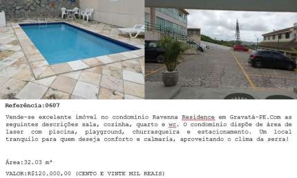 Vende-se excelente imóvel no condomínio Ravenna Residence em Gravatá-PE.