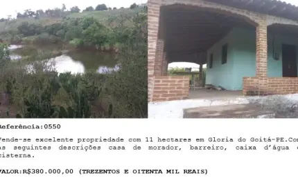 Vende-se excelente propriedade com 11 hectares em Glória do Goitá-PE.