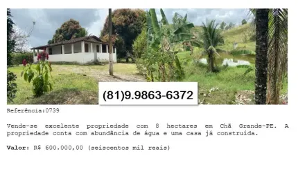 Vende-se excelente propriedade com 8 hectares em Chã Grande-PE