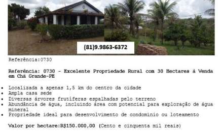 Vende-se excelente propriedade rural com 30 hectares em Chã Grande-PE