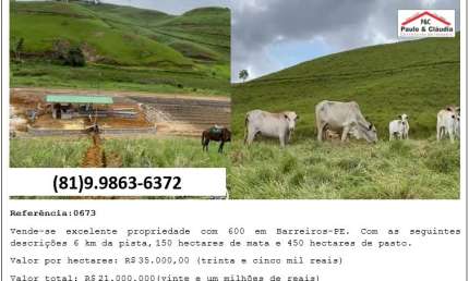 Vende-se excelente propriedade com 600 hectares em Barreiros-PE