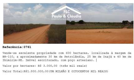 Propriedade de 600 hectares à venda, situada à margem da BR-110.