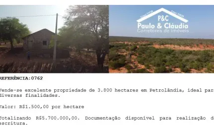 Vende-se excelente propriedade de 3.800 hectares em Petrolândia-PE