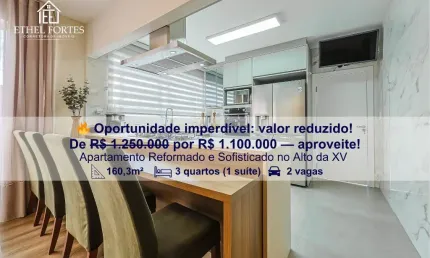 Apartamento 160m² Reformado e Sofisticado, 3 Quartos, 2 vagas, ambientes integrados, no Alto da XV