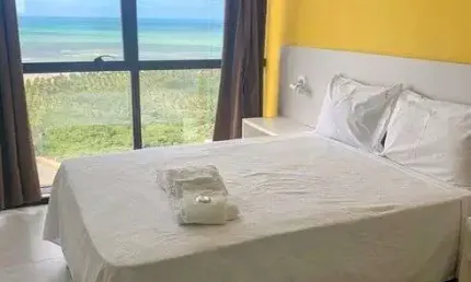 Flat mobiliado, 35 m², área de lazer, serviço de hotel, andar alto, vista mar