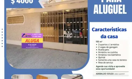 Casa para Locação em São Paulo, Chacara Santo Antonio (Zona Leste), 3 dormitórios, 2 banheiros, 2 vagas