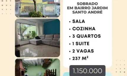Sobrado para Venda em Santo André, Bairro Jardim, 3 dormitórios, 1 suíte, 2 banheiros, 2 vagas