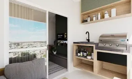 Apartamento na planta de 58m2 com 2 dormitórios, 1 suíte e varanda na planta.