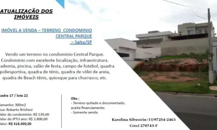 Terreno à venda na Rua Roberto Brichesi, 1212, Residencial Central Parque, Salto por R$ 318.000