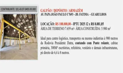 Barracão / Galpão / Depósito para alugar no Jardim Fátima, Guarulhos 