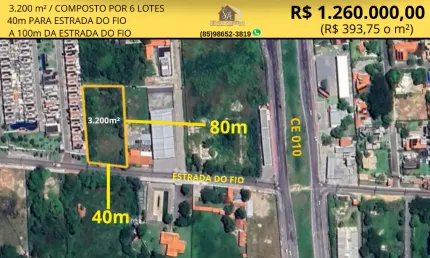Excelente terreno com 40m de frente  para estrada do fio no eusebio!
