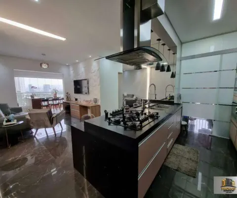 Apartamento à 94m², 3 dormitórios, 1 suíte, lavabo, cozinha americana com ilha, varanda gourmet, 2 vagas, lazer completo.