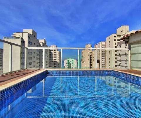 Cobertura duplex na praia, vista mar, 2 suítes + suíte de empregada, 1 vaga, piscina, churrasqueira, pitangueiras, guarujá.