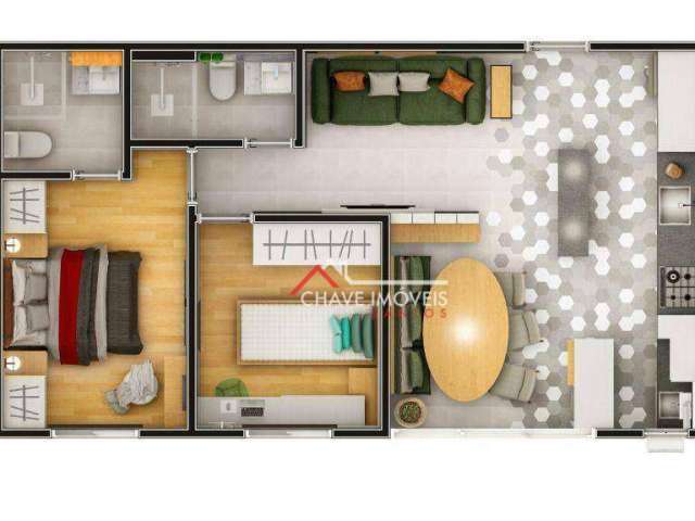 Apartamento com 54,24 m2, 2 dormitórios (1 suíte), 1 vaga de garagem, na vila belmiro -santos/sp