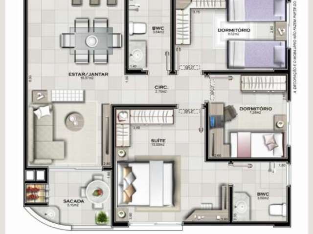 Apartamento com 03 dormitórios com 02 vagas de garagem