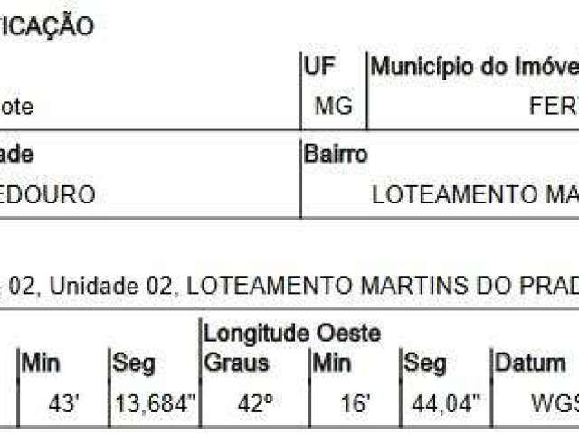 LOTEAMENTO MARTINS DO PRADO - Oportunidade Única em FERVEDOURO - MG | Tipo: Terreno | Negociação: Venda Direta Online  | Situação: Imóvel Terreno