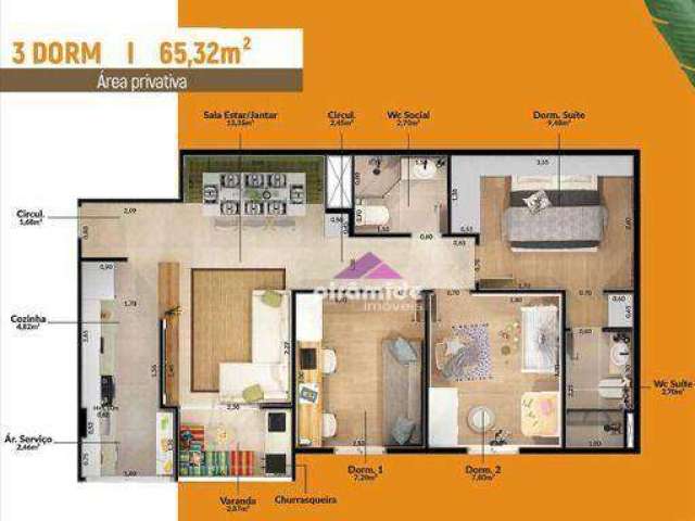 Apartamento com 3 dormitórios à venda, 65 m² por R$ 375.451,00 - Parque Residencial Flamboyant - São José dos Campos/SP