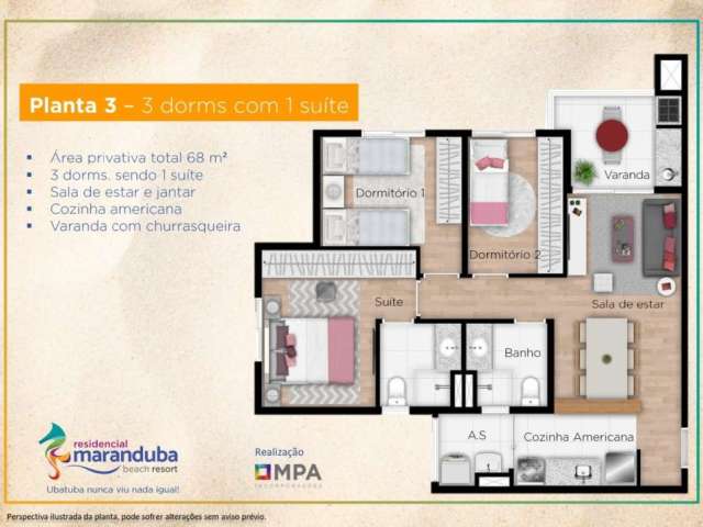 Apartamento com 3 dormitórios à venda, 68 m² por R$ 634.600,00 - Praia do Sapê - Ubatuba/SP