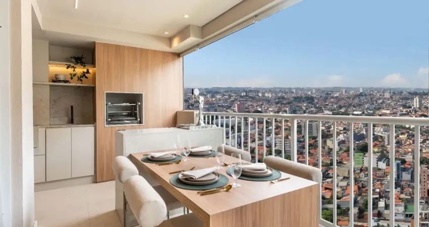 58 m² — 2 dorms (suíte) + sacada gourmet com churrasqueira a carvão — 200 m do metrô