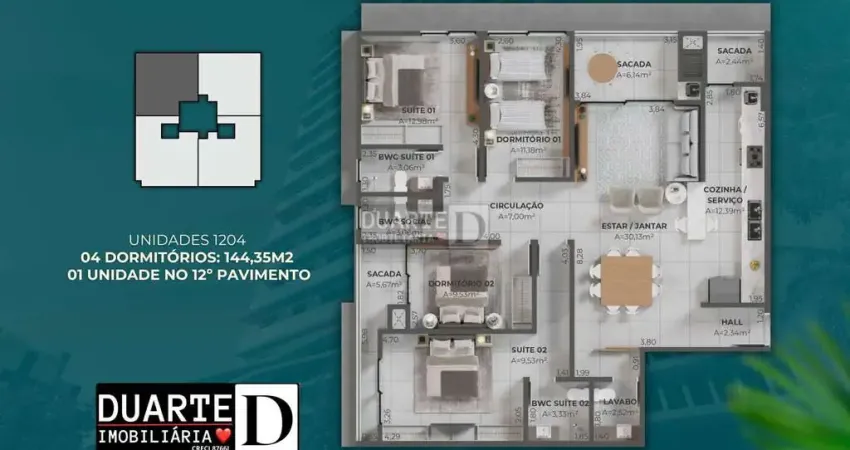 Porto de Capri - Planta 4 do 12° Pavimento no Porto de Capri, em Pedra Branca, Palhoça/SC