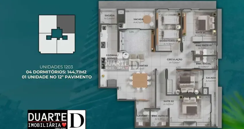 Porto de Capri - Planta 3 do 12° Pavimento no Porto de Capri, em Pedra Branca, Palhoça/SC