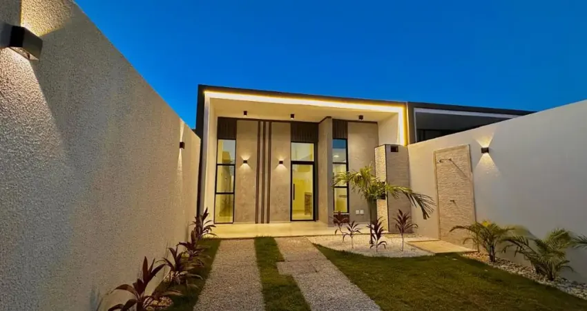 CASA PLANA COM ARQUITETURA MODERNA, COZINHA COM BALCÃO INTEGRADA Á SALA DE ESTAR, SALA COM PÉ DIREITO  ELEVADO, VARANDA GOURMET, PRÉ INSTALAÇÃO  PARA INSTAÇÃO PARA APARELHO DE  AR CONDICIONADO NOS 03 