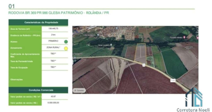 Área terreno, 136.445,75m2 , ótima área liberado para industrial e residencial em Rolândia PR