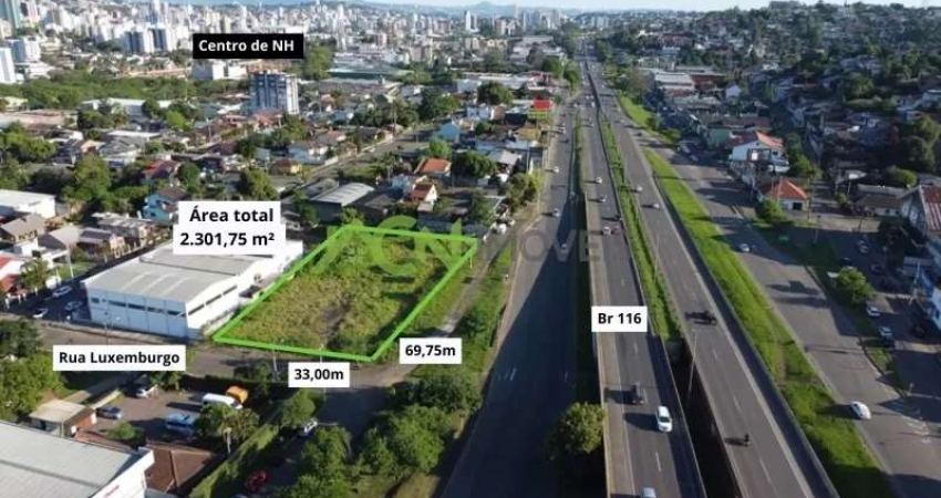 Lote plano com 2.301,75m² no bairro Rincão, com frente 69,75m para BR 116, Novo Hamburgo