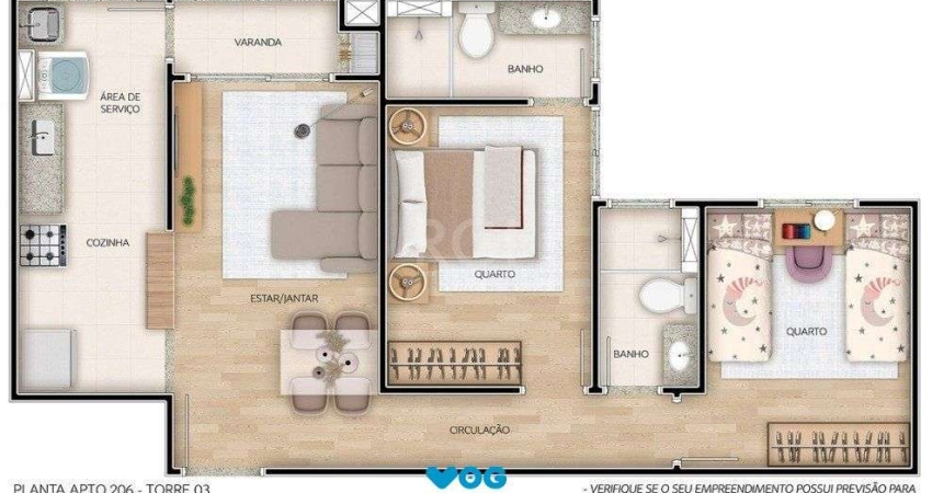 Apartamento para Venda - 56.77m², 2 dormitórios, sendo 1 suites, 1 vaga - Camaqu