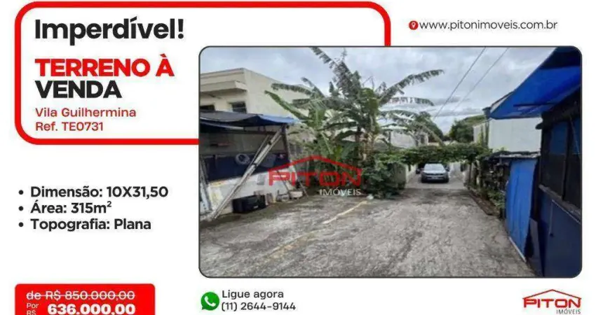 Terreno à venda, 315 m² por R$ 636.000,00 - Vila Guilhermina - São Paulo/SP