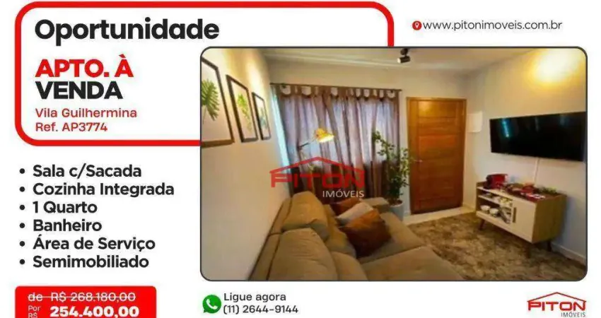Apartamento com 1 dormitório à venda, 38 m² por R$ 254.400,00 - Vila Guilhermina - São Paulo/SP
