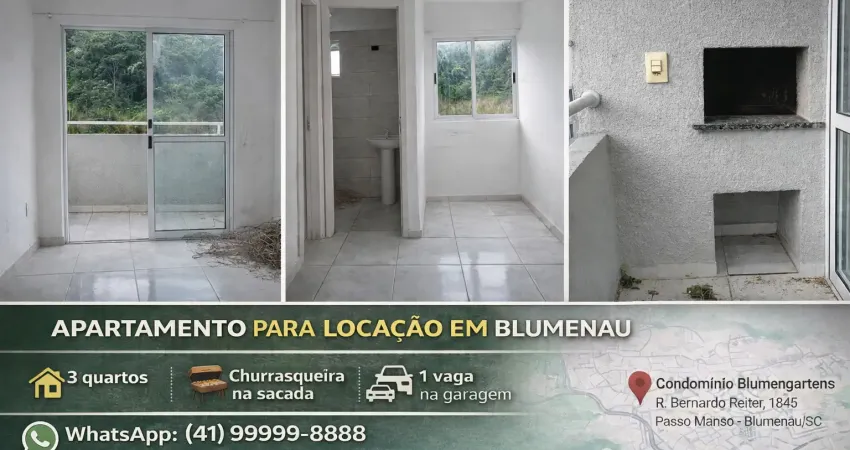 Apartamento 3 quartos para locação no Condomínio Blumengartens, Passo Manso – Blumenau.