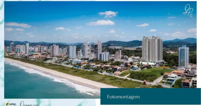 Apartamentos com 2 suítes, vista para o mar, lavabo, living integrado com a cozinha, área de serviço, e 2 vagas de garagem.