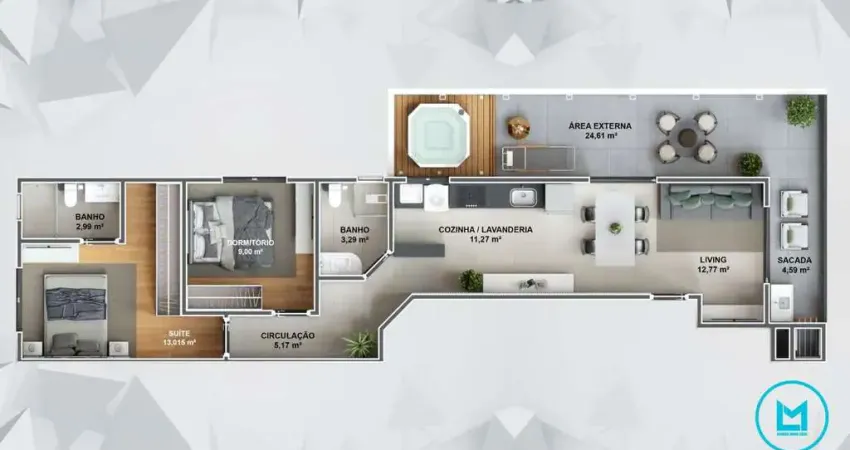 Apartamento de 93,89m² com 2 quartos, 1 suíte e 1 vaga de garagem