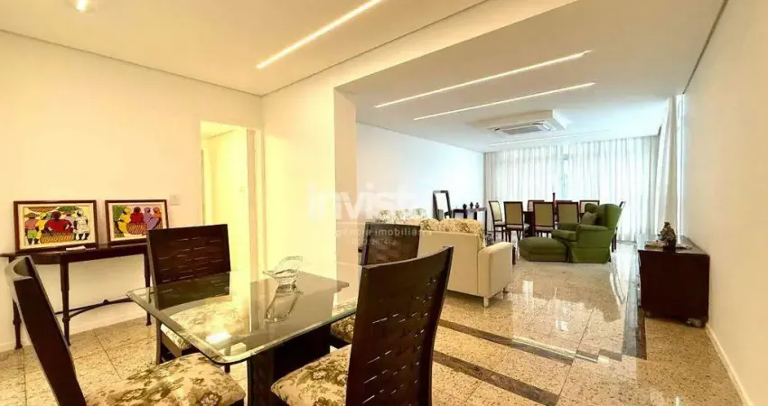 Amplo apartamento no Gonzaga com vista para o mar – 176m² | 3 Dorms (1 Suíte) | 2 Vagas | Frente à praia.
