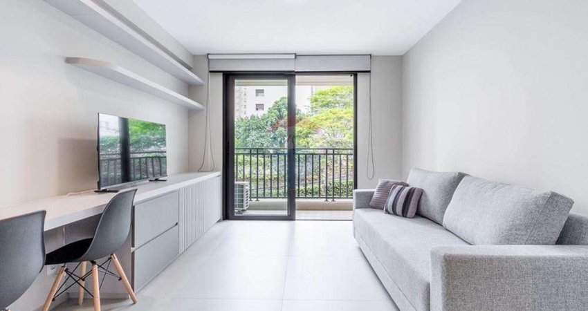 Vende estúdio alto padrão, mobiliado, 33m², ao lado da FAAP, prédio com lazer, R$930.000.