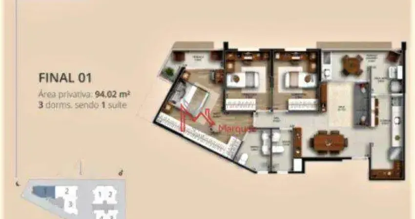 Apartamento com 3 dormitórios, sendo 1 suíteà venda, 94 m² por R$ 1.039.500 - Gonzaga - Santos/SP