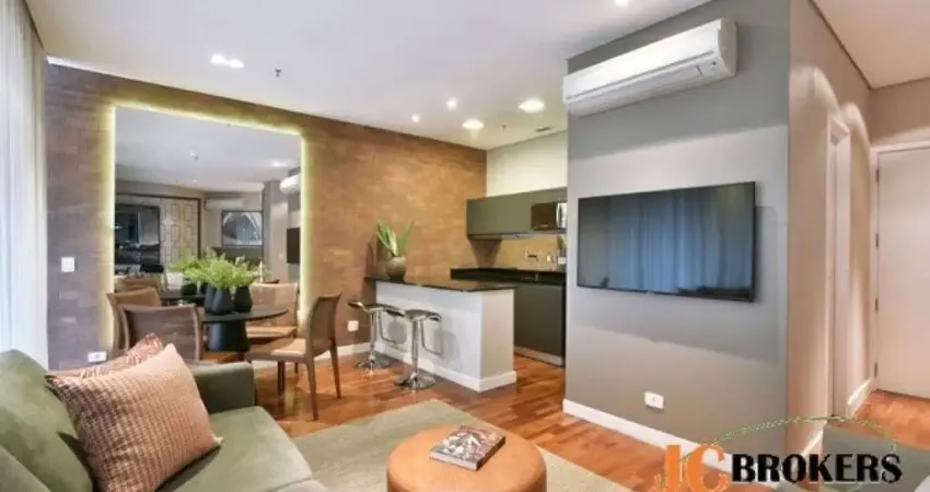 Apartamento com 65 m², mobiliado, 1 dormitório, sendo 1 suíte, sala para 2 ambientes, 2 vagas