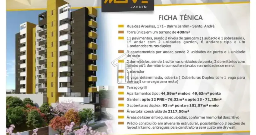 Lançamento de apartamento em condomínio para venda no bairro jardim, 2 dormitórios, 1 suíte, 1 vagas, preço da unidade 72 com 44 m². previsão de entrega em junho/2024.
