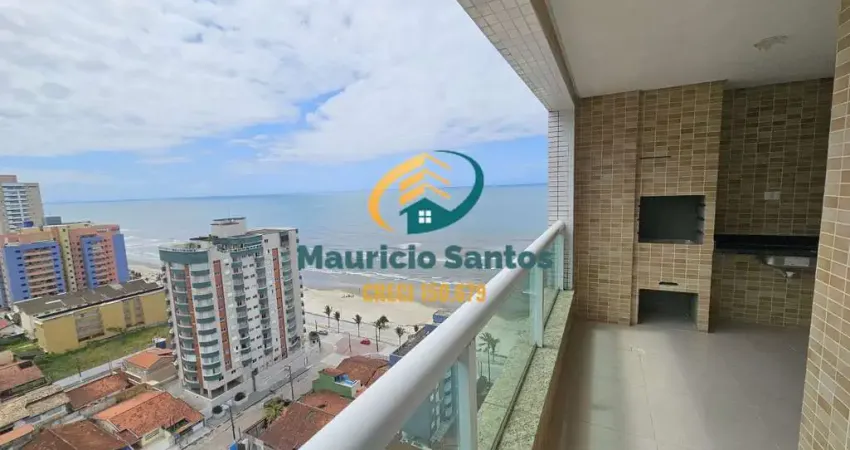 Apartamento alto padrão para locação definitiva em Mongaguá, bairro Vera Cruz, 2 dormitórios sendo 1 suíte, terraço gourmet com vista para o mar, 1 vaga de garagem, Residencial frente ao mar e com laz