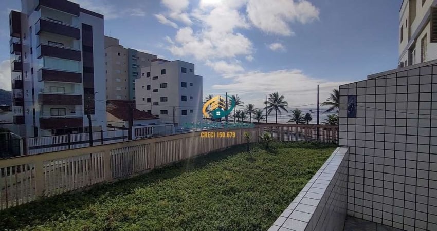 Apartamento Kitnet em Mongaguá, bairro Vila Anhanguera, sacada com vista para o mar, garagem coletiva.