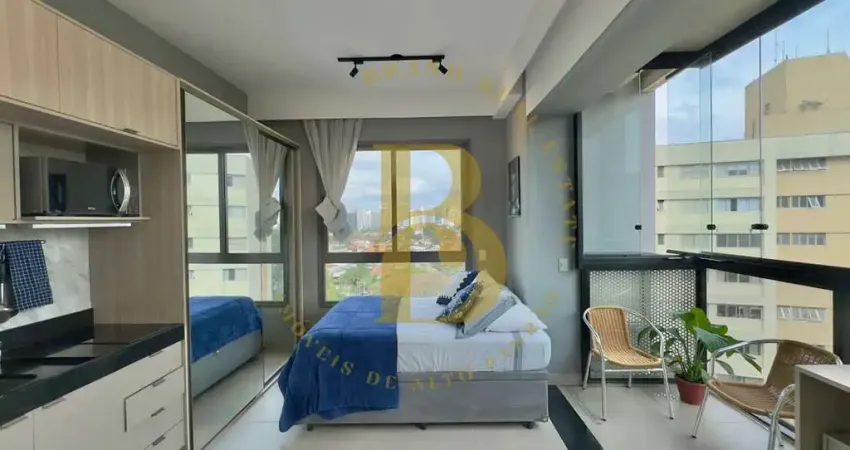 Studio de 27m² mobiliado com sacada fechada, 1 vaga e depósito