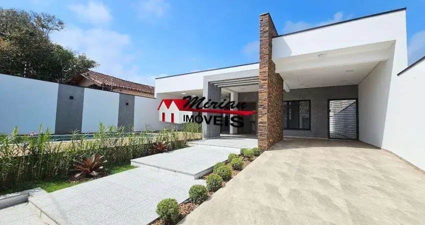 Casa terrea de alto padrão a venda em peruibe 3 quartos sendo 2 suites, piscina , 200 metros da praia