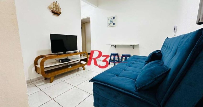 Excelente oportunidade para locação 100% mobiliada, em prédio frente mar, em Santos, 1 quarto e 1 vaga, condição muito especial!!