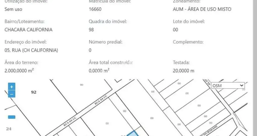 Terreno lote a venda direto com o proprietário - chácaras califórnia - dourados-ms-20m de frente(testada) x 100m de profundidade; 2.000m2 de área total